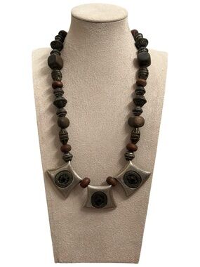 Chico's Vintage Brown and Silver Geometric Tribal Pendant Necklace